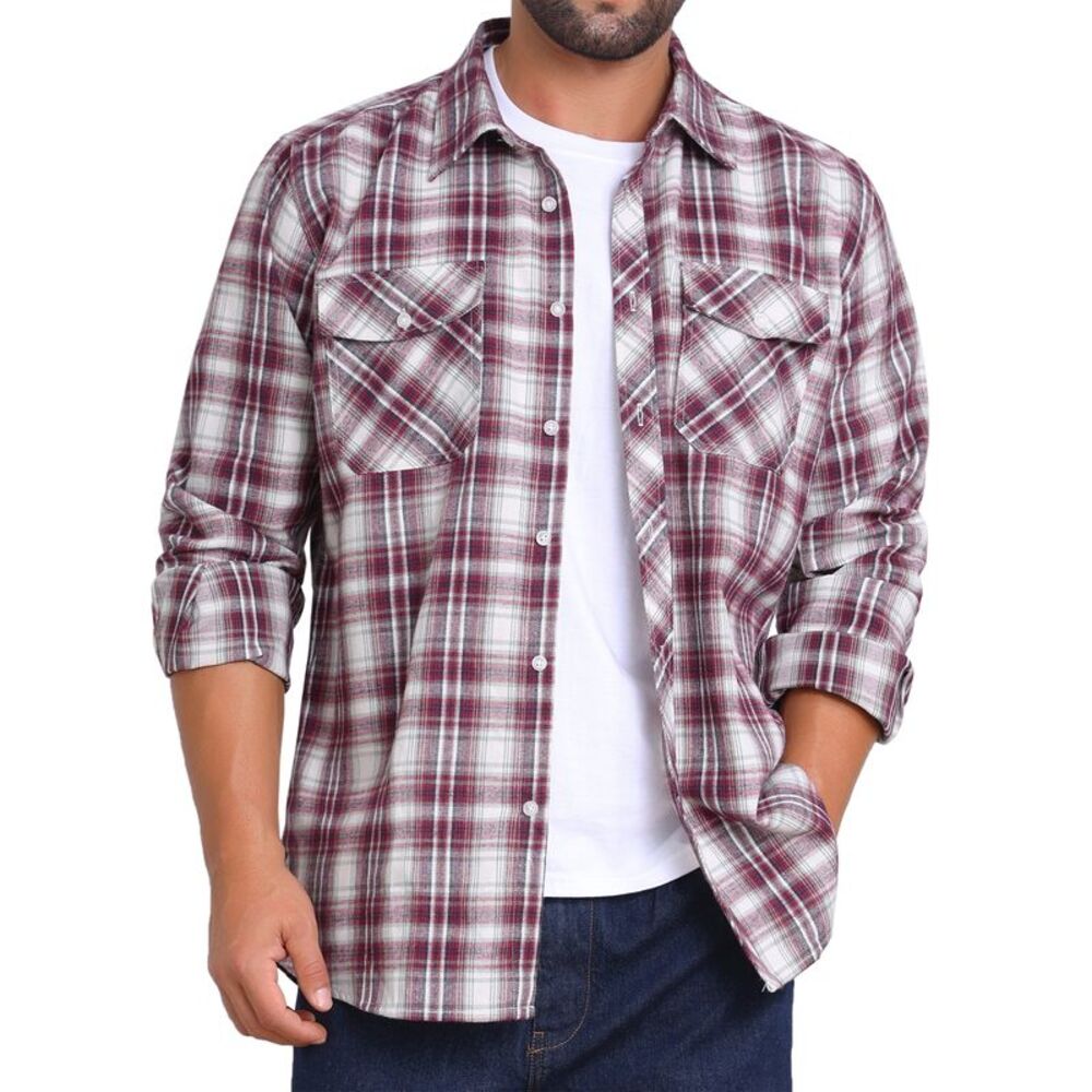 Contrasting Colors Checked Slim Fit Long Sleeved Shirt with Pocket Burgundy